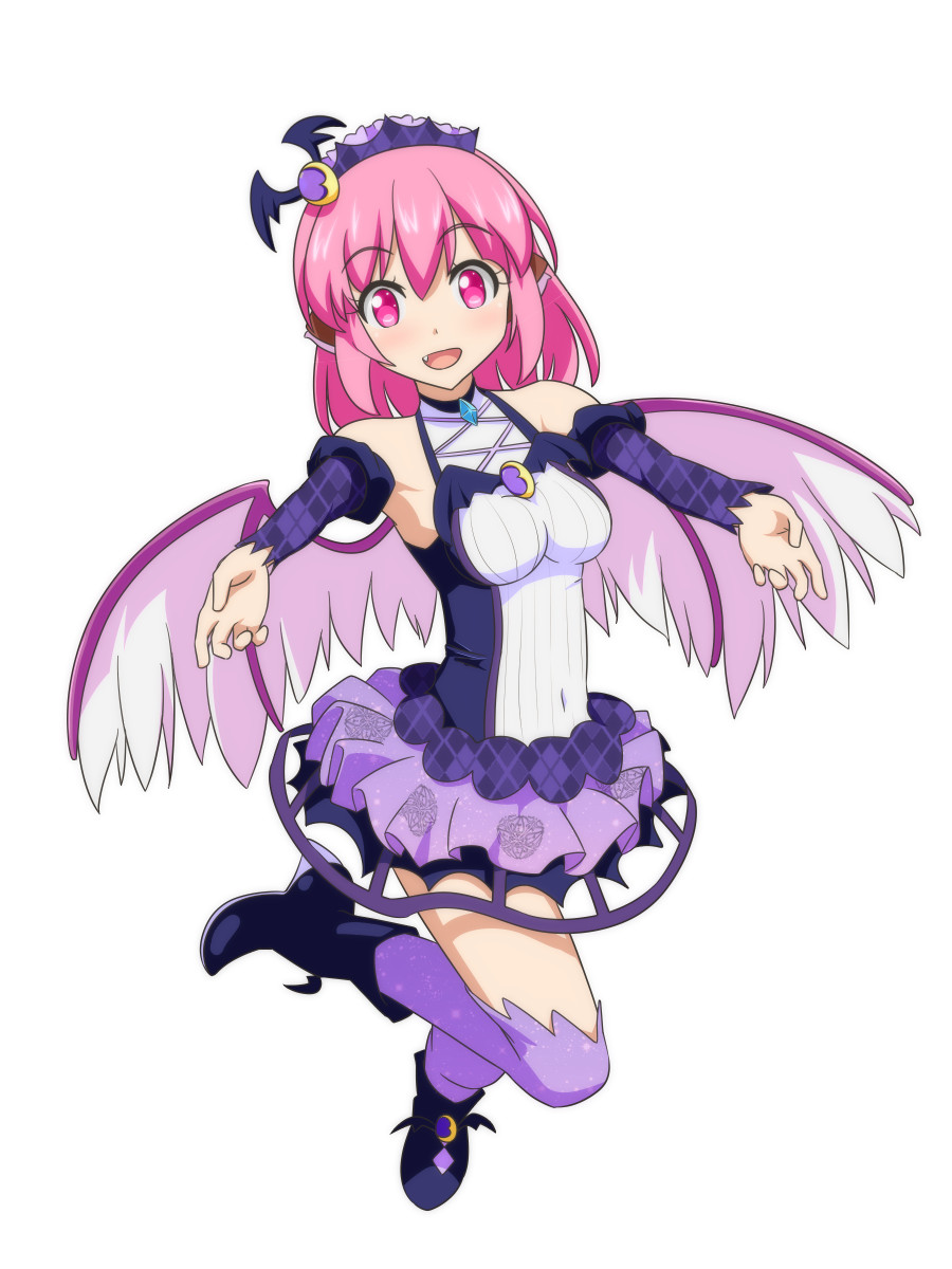 1girl :d alternate_costume animal_ears bare_shoulders bird_wings boots breasts cato_(monocatienus) commentary_request detached_sleeves eyebrows_visible_through_hair fang full_body headdress highres looking_at_viewer medium_breasts medium_hair mystia_lorelei open_mouth outstretched_arms pink_eyes pink_hair purple_legwear simple_background smile solo thigh-highs touhou white_background wings
