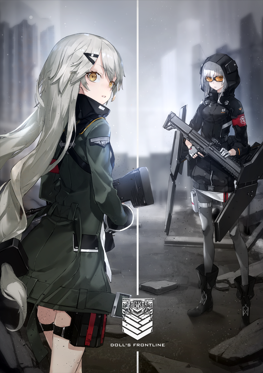 2girls armor bangs black_legwear brown_eyes copyright_name day girls_frontline gun hair_ornament hairclip highres hood hood_up jacket kel-tec_ksg ksg_(girls_frontline) long_hair looking_at_viewer looking_back machine_gun mg4_(girls_frontline) military military_uniform multiple_girls neco outdoors pantyhose parted_lips shotgun silver_hair standing sunglasses uniform weapon white_hair yellow_eyes