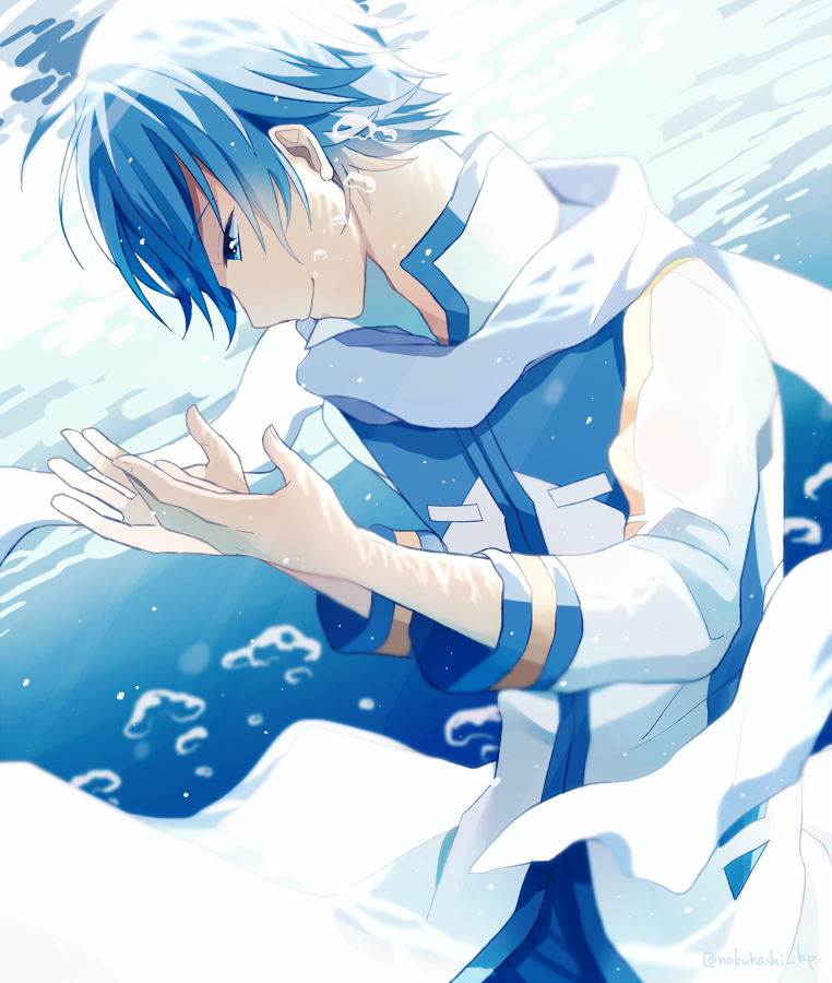 1boy air_bubble blue_eyes blue_hair bubble coat happy kaito light_smile looking_down male_focus nokuhashi profile scarf short_hair smile sunlight underwater vocaloid