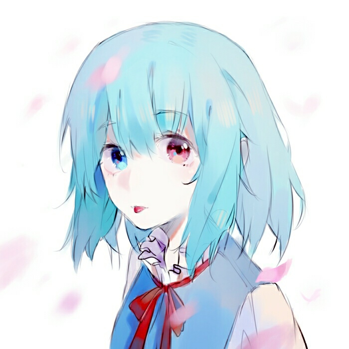 1girl blue_eyes blue_hair blue_vest cherry_blossoms collar frilled_collar frills heterochromia juliet_sleeves long_sleeves mikoko puffy_sleeves red_eyes red_ribbon ribbon short_hair simple_background solo tatara_kogasa tongue tongue_out touhou vest white_background