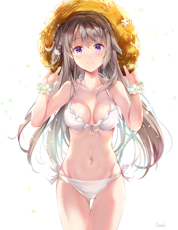 1girl bangs bikini blush bow breasts brown_hair cleavage closed_mouth comic commentary_request eyebrows_visible_through_hair flower front-tie_bikini front-tie_top gluteal_fold hair_between_eyes hands_on_headwear hands_up hat long_hair medium_breasts navel original side-tie_bikini smile solo straw_hat suihi swimsuit thigh_gap very_long_hair violet_eyes white_background white_bikini white_bow white_flower