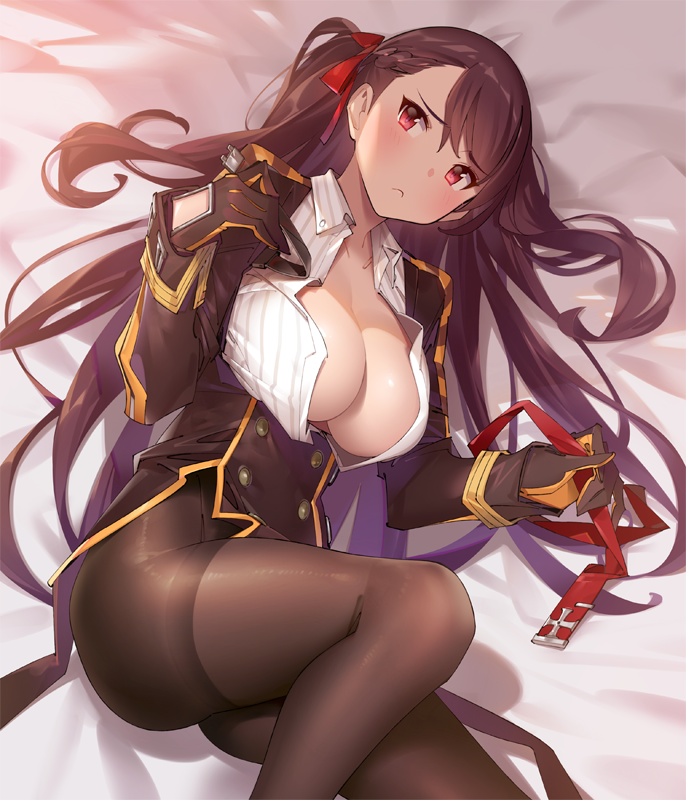 1girl ass bangs black_gloves black_legwear blush braid breasts closed_mouth dress eyebrows_visible_through_hair frown girls_frontline gloves hair_ribbon half_updo hands_up holding large_breasts long_hair looking_at_viewer lying necktie on_back one_side_up open_clothes open_shirt pantyhose pop_kyun purple_hair red_ribbon ribbon short_dress solo swept_bangs thighband_pantyhose tsurime violet_eyes wa2000_(girls_frontline)