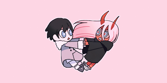 1boy 1girl bandage black_cloak black_hair blue_eyes boots child cloak coat commentary couple crossed_arms dancing darling_in_the_franxx english_commentary fur_boots fur_trim green_eyes grey_coat hand_holding hand_up hetero hiro_(darling_in_the_franxx) hood hooded_cloak horns jolynecujo long_hair looking_at_another oni_horns parka pink_hair red_horns red_pupils red_sclera red_skin short_hair winter_clothes winter_coat zero_two_(darling_in_the_franxx)