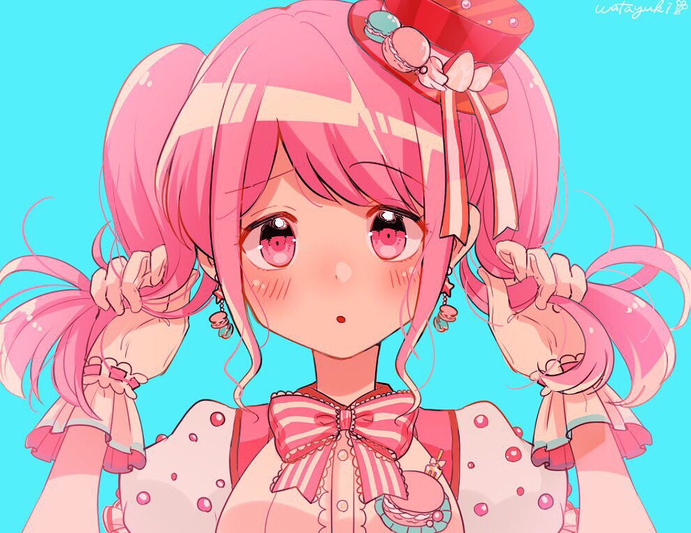 1girl :o artist_name bang_dream! bangs blue_background blush bow bowtie commentary_request earrings eyebrows_visible_through_hair food gloves hands_up hat hat_ribbon holding holding_hair jewelry looking_at_viewer macaron maruyama_aya pink_eyes pink_hair pink_neckwear red_hat ribbon ribbon-trimmed_gloves ribbon_trim sidelocks simple_background solo striped_neckwear twintails upper_body wata_yuki