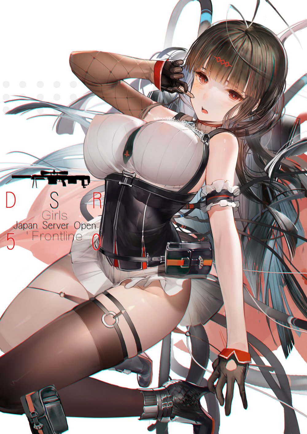 1girl announcement_celebration antenna_hair arm_up bangs black_gloves black_hair black_legwear blunt_bangs blush breasts bullet character_name corset dsr-50_(girls_frontline) erect_nipples girls_frontline gloves half_gloves high_heels highres holding large_breasts liduke long_hair looking_at_viewer miniskirt open_mouth red_eyes see-through single_detached_sleeve single_thighhigh skin_tight skirt solo thigh-highs thighs white_skirt