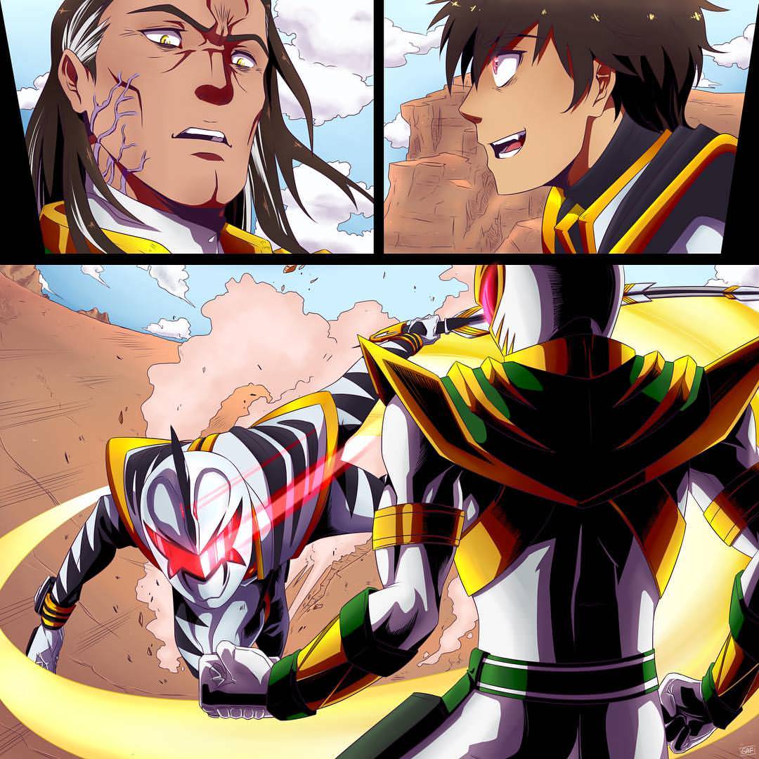 2boys battle fighting long_hair lord_drakkon power_rangers short_hair white_dinothunder_ranger