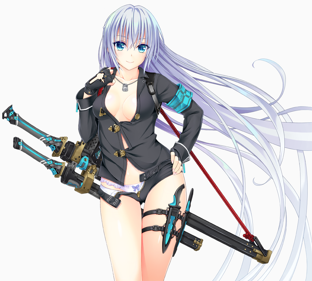 1girl absurdly_long_hair armband black_gloves black_jacket black_shorts blue_bow blue_eyes bow bow_panties breasts cleavage collarbone ffcreatyuuki floating_hair gloves hair_between_eyes hand_on_hip jacket jewelry knife long_hair looking_at_viewer medium_breasts micro_shorts necklace open_clothes open_shorts original panties sheath sheathed shorts silver_hair simple_background smile solo standing sword thigh_strap underwear very_long_hair weapon white_background white_panties
