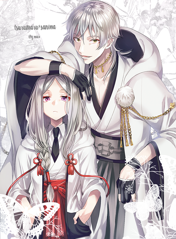 1boy 1girl arm_rest artist_name black_gloves black_neckwear bug butterfly character_name female_saniwa_(touken_ranbu) gloves hakama hands_in_pockets height_difference hood hoodie insect japanese_clothes jewelry long_hair looking_at_viewer necklace necktie nontraditional_miko partly_fingerless_gloves pom_pom_(clothes) red_hakama saniwa_(touken_ranbu) silver_hair touken_ranbu tsurumaru_kuninaga violet_eyes wako_(level5) yellow_eyes