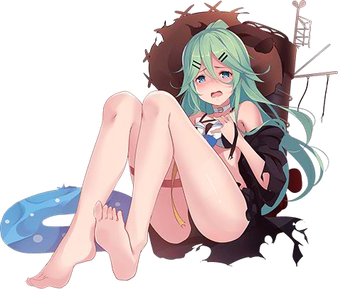1girl armlet bangs barefoot black_ribbon blue_ribbon furisode green_eyes green_hair hair_between_eyes hair_flaps hair_ornament hair_ribbon hairclip hat innertube japanese_clothes kantai_collection kimono kujou_ichiso long_hair lowres machinery official_art parted_bangs ponytail ribbon sidelocks straw_hat swimsuit tears torn_clothes transparent_background yamakaze_(kantai_collection)