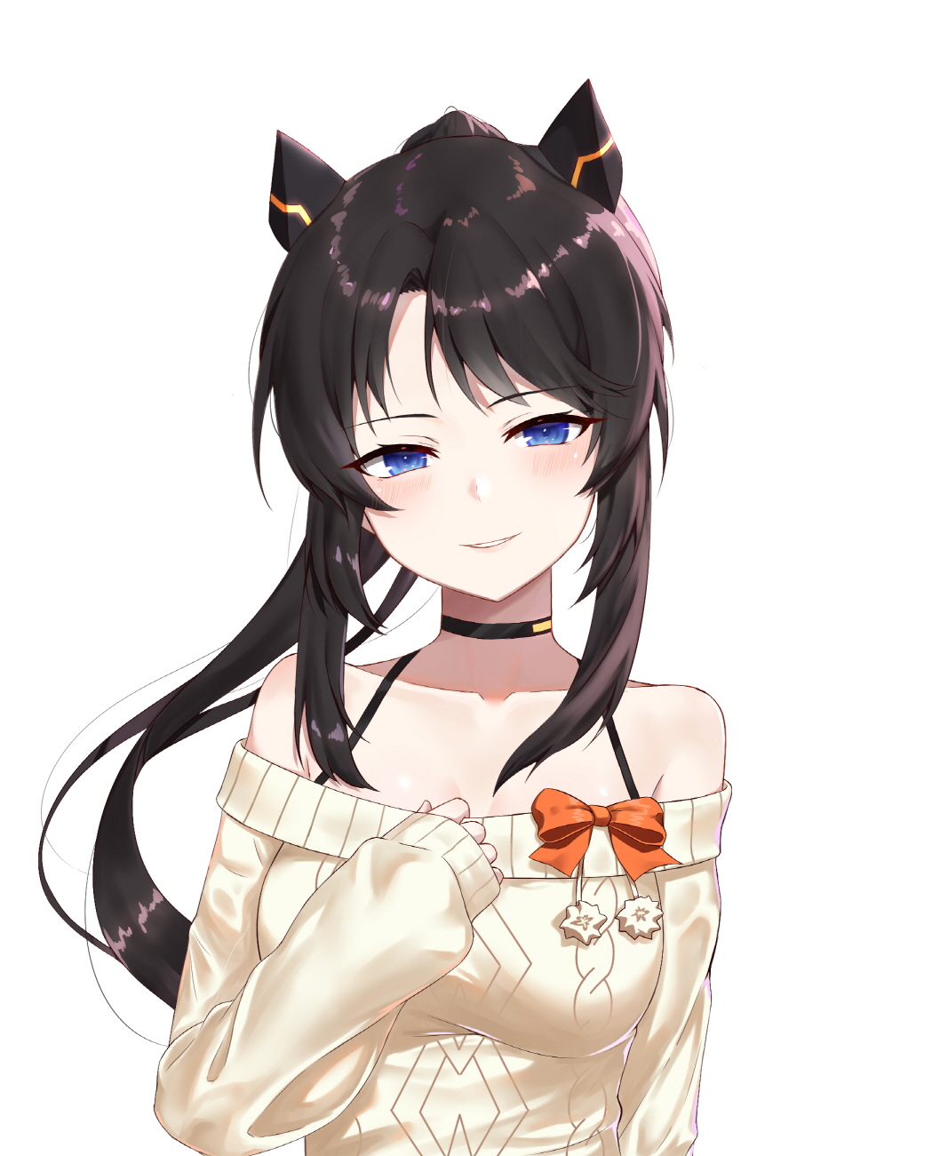 1girl aran_sweater bangs bare_shoulders black_choker black_hair blue_eyes blush bow character_request choker collarbone eyebrows_visible_through_hair half-closed_eyes hand_up head_tilt high_ponytail highres kuki_panda_(wkdwnsgk13) long_hair long_sleeves looking_at_viewer off-shoulder_sweater orange_bow parted_lips ponytail simple_background sleeves_past_wrists solo soul_worker sweater upper_body very_long_hair white_background white_sweater