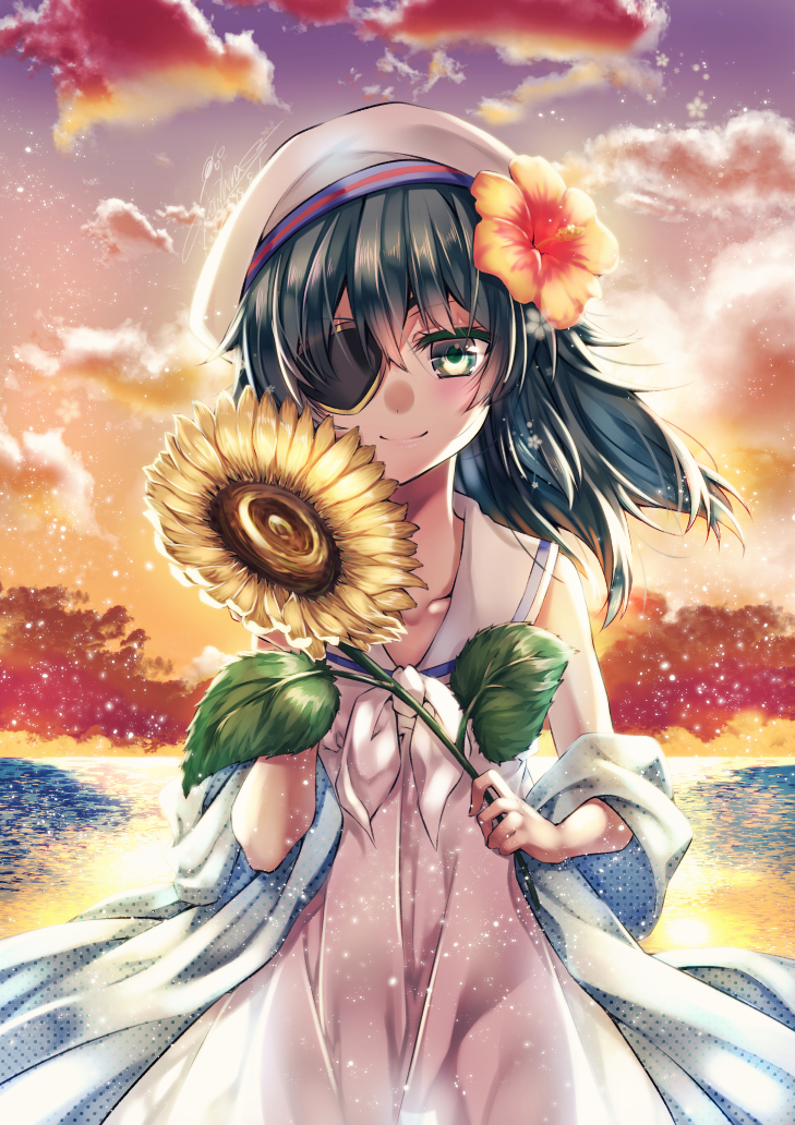 1girl beach beret blue_eyes blush closed_mouth clouds cloudy_sky evening eyepatch flower forest green_hair hair_flower hair_ornament hat kantai_collection kiso_(kantai_collection) long_hair looking_at_viewer nature ocean sky smile solo sunflower twilight yuihira_asu
