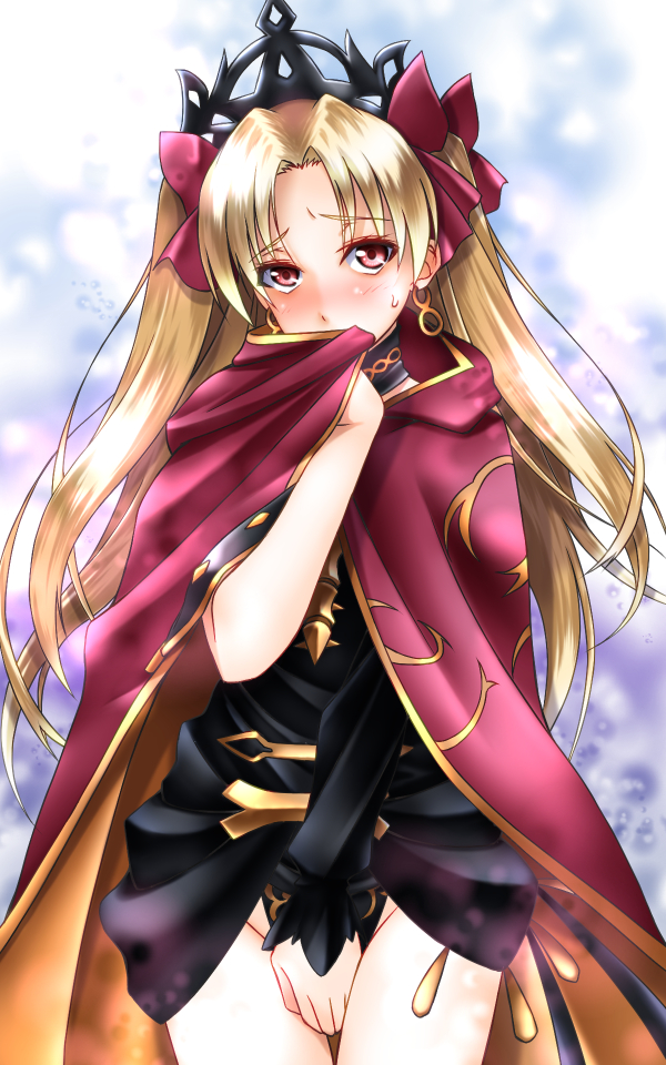 1girl bangs black_dress blonde_hair blush cape commentary_request covering covering_crotch covering_mouth dress earrings embarrassed ereshkigal_(fate/grand_order) fate/grand_order fate_(series) hair_ribbon head_tilt infinity jewelry long_hair looking_at_viewer multicolored multicolored_cape multicolored_clothes parted_bangs red_cape red_eyes red_ribbon ribbon solo spine sumeragi_tomo tiara two_side_up yellow_cape