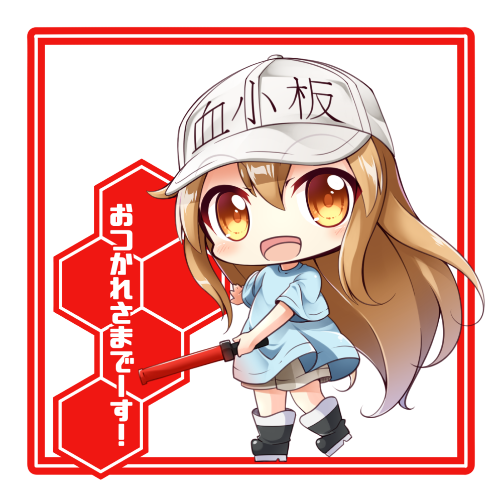 1girl :d bangs black_footwear blue_shirt boots brown_eyes brown_shorts character_name chibi clothes_writing commentary_request eyebrows_visible_through_hair flat_cap grey_hat hair_between_eyes hat hataraku_saibou head_tilt holding light_brown_hair long_hair looking_at_viewer open_mouth platelet_(hataraku_saibou) shachoo. shirt short_shorts short_sleeves shorts smile solo standing standing_on_one_leg translated very_long_hair wide_sleeves