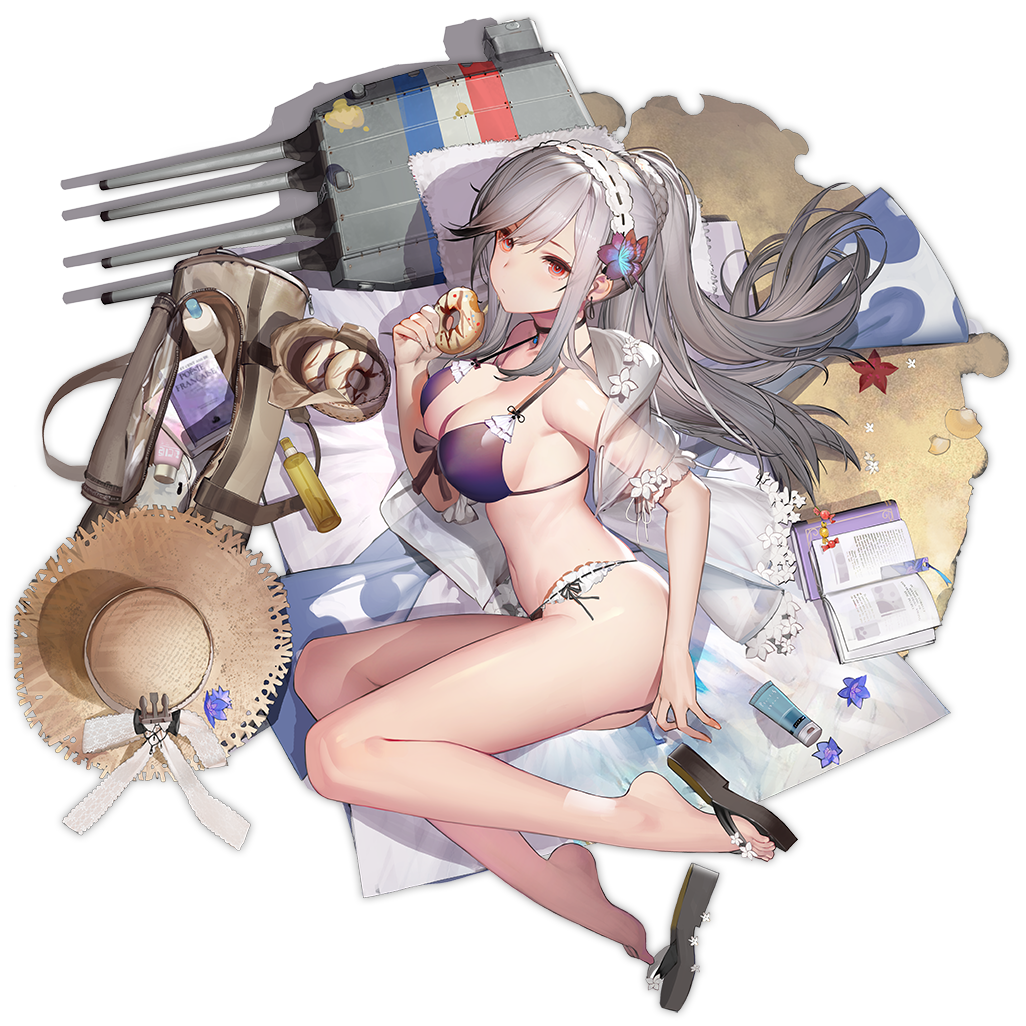 1girl adapted_costume anchor_hat_ornament azur_lane bag beach beach_towel bikini book bookmark braid breasts butterfly_hair_ornament choker doughnut dunkerque_(azur_lane) earrings food french_flag front-tie_bikini front-tie_top grey_hair hair_ornament hairband hat headwear_removed holding holding_food jewelry large_breasts liduke long_hair lotion_bottle navel official_art ponytail purple_bikini red_eyes sand sandals seashell see-through shell side-tie_bikini sideboob solo starfish straw_hat swimsuit towel turret