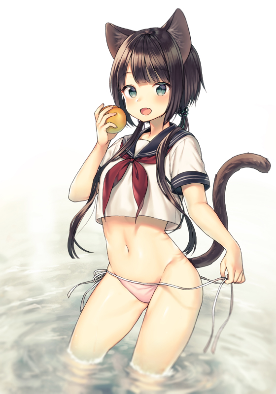 1girl :d animal_ears bangs bikini bikini_bottom black_hair blue_eyes blunt_bangs blush breasts cat_ears cat_tail contrapposto crop_top crop_top_overhang eyebrows_visible_through_hair fang food fruit hair_over_shoulder hand_up hips holding holding_food holding_fruit long_hair looking_at_viewer low_twintails midorikawa_you navel no_pants open_mouth original pink_bikini_bottom sailor_collar sailor_shirt school_uniform serafuku shirt short_sleeves side-tie_bikini sidelocks small_breasts smile solo swimsuit tail thighs twintails untied untied_bikini wading