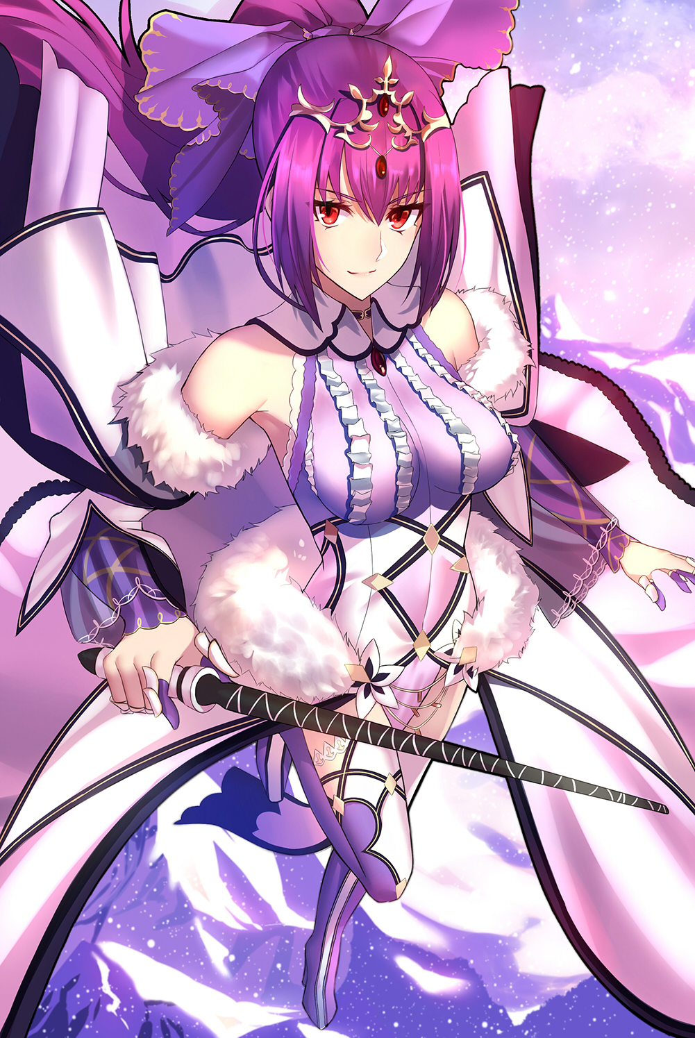 1girl bangs bare_shoulders boots breasts capelet detached_sleeves dress fate/grand_order fate_(series) forehead_jewel fur_trim hair_between_eyes hair_ribbon high_heel_boots high_heels highres large_breasts long_hair looking_at_viewer ponytail purple_dress purple_hair purple_ribbon red_eyes ribbon scathach_(fate)_(all) scathach_skadi_(fate/grand_order) shiguru smile solo thigh-highs thigh_boots tiara wand