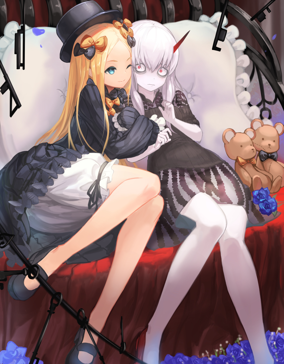 2girls abigail_williams_(fate/grand_order) akira0171 bangs bare_legs black_bow black_dress black_footwear black_hat blonde_hair bloomers blue_eyes blue_flower blue_rose bow closed_mouth dress fate/grand_order fate_(series) flower hair_between_eyes hair_bow hat horn key lavinia_whateley_(fate/grand_order) long_hair long_sleeves multiple_girls one_eye_closed orange_bow parted_bangs pillow polka_dot polka_dot_bow red_eyes rose sitting sleeves_past_wrists smile stuffed_animal stuffed_toy teddy_bear underwear very_long_hair white_hair