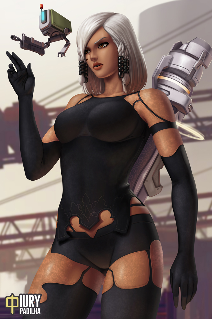 1girl android arm_cannon artist_name bangs black_legwear braid breasts brown_eyes commentary dark_skin drone elbow_gloves english_commentary eye_of_horus fusion gloves hair_over_one_eye hair_tubes iury_padilha lips medium_breasts medium_hair nier_(series) nier_automata no_nipples nose overwatch pantyhose pharah_(overwatch) pod_(nier_automata) robot_joints rocket_launcher short_shorts shorts side_braid silver_hair solo_focus swept_bangs weapon yorha_type_a_no._2