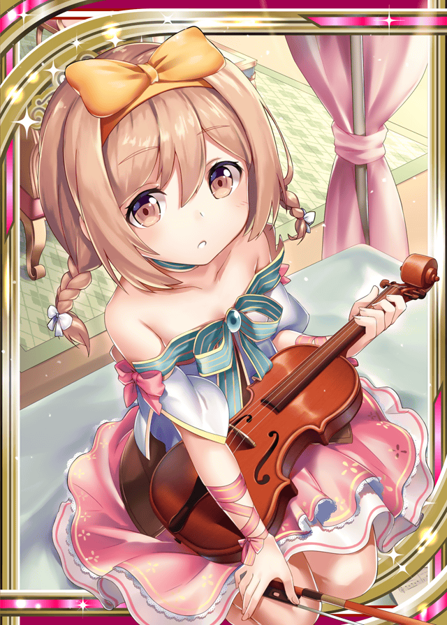 1girl age_regression akkijin aqua_ribbon bow_(instrument) braid brown_eyes brown_hair card_(medium) dress hair_ribbon indoors instrument looking_at_viewer music official_art pink_dress ribbed_dress ribbon seiza shinkai_no_valkyrie short_hair sitting solo striped striped_ribbon twin_braids violin yellow_ribbon younger