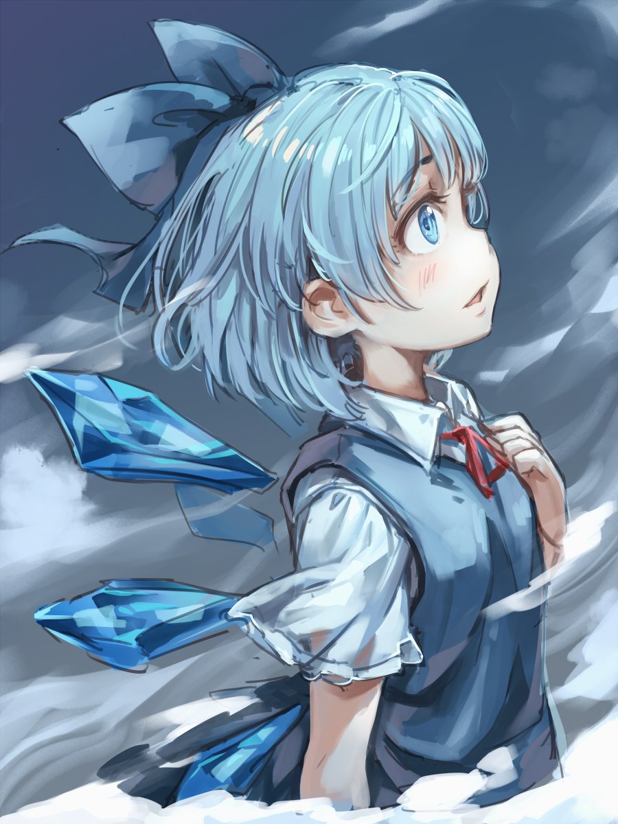 1girl asutora blue_bow blue_dress blue_eyes blue_hair blush bow cirno commentary_request dress eyebrows_visible_through_hair from_side hair_bow hand_on_own_chest hand_up highres ice ice_wings looking_up neck_ribbon parted_lips pinafore_dress profile red_neckwear red_ribbon ribbon shirt short_hair short_sleeves solo touhou upper_body white_shirt wing_collar wings