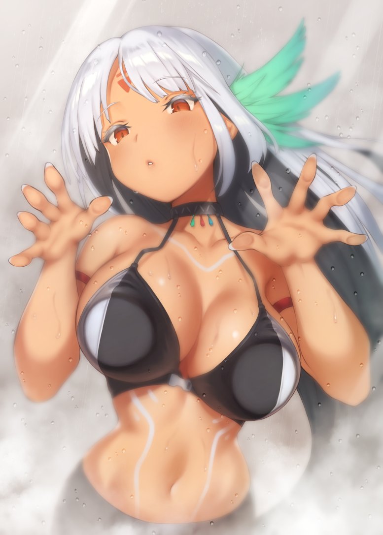 1girl against_fourth_wall against_glass armlet azur_lane bare_shoulders bikini_top black_bikini_top body_writing breasts choker cleavage colored_eyelashes dark_skin hair_ornament hands_up large_breasts long_hair massachusetts_(azur_lane) midriff native_american navel outstretched_hand parted_lips pokachu red_eyes silver_hair solo steam sweat very_long_hair wet