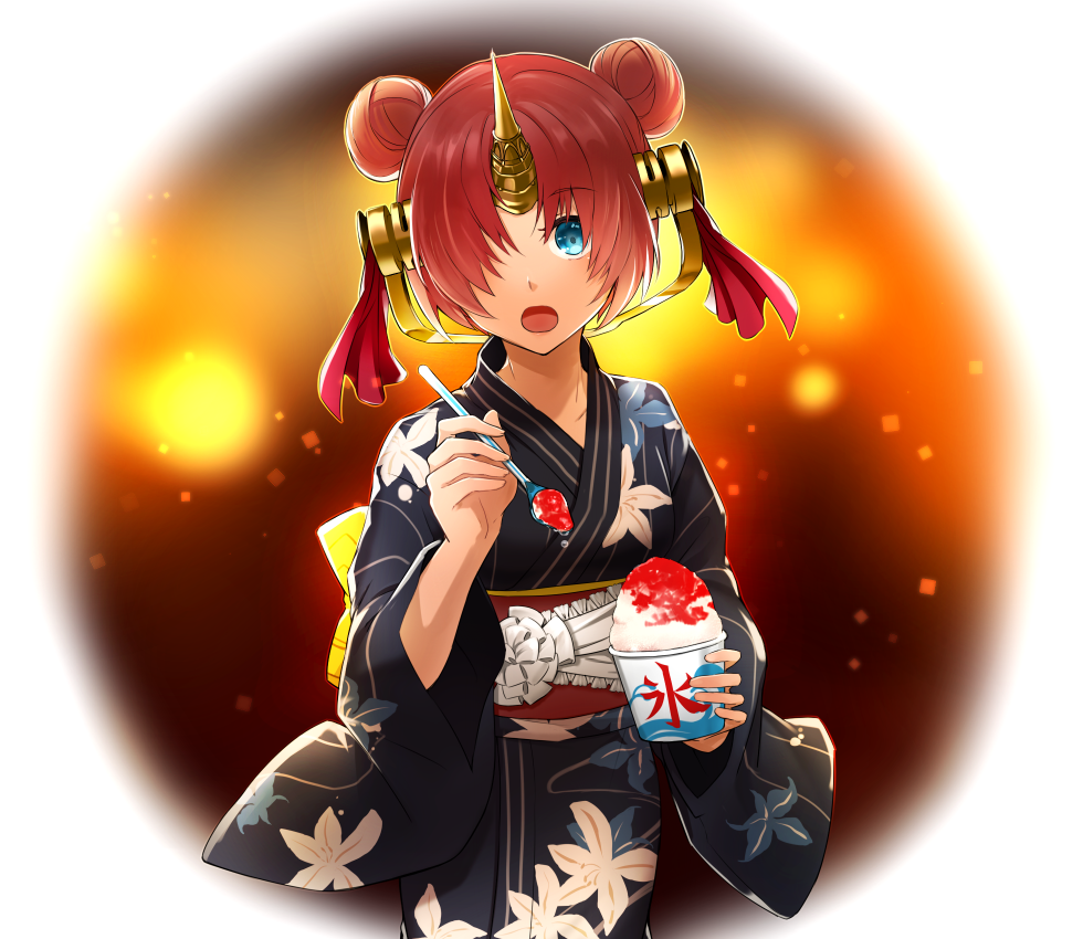 1girl :o blue_eyes blush commentary_request fate/grand_order fate_(series) frankenstein's_monster_(fate) hair_over_one_eye headgear horn japanese_clothes kimono looking_at_viewer pink_hair shaved_ice short_hair solo spoon suyamunya