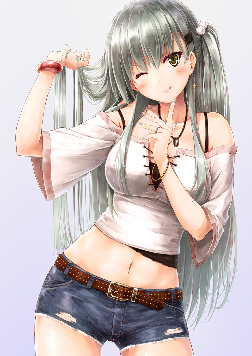 1girl :q alternate_costume alternate_hairstyle aqua_hair bangle bare_shoulders belt blush bracelet breasts buckle casual cleavage cross-laced_clothes denim denim_shorts earrings eyebrows_visible_through_hair gradient gradient_background green_eyes green_nails hair_ornament hairclip hand_up head_tilt highres holding holding_hair jewelry kantai_collection large_breasts long_hair looking_at_viewer midriff nail_polish navel necklace off-shoulder_shirt off_shoulder one_eye_closed one_side_up ring shirt shorts simple_background smile solo stomach suien suzuya_(kantai_collection) thighs tongue tongue_out wedding_band white_shirt wide_sleeves