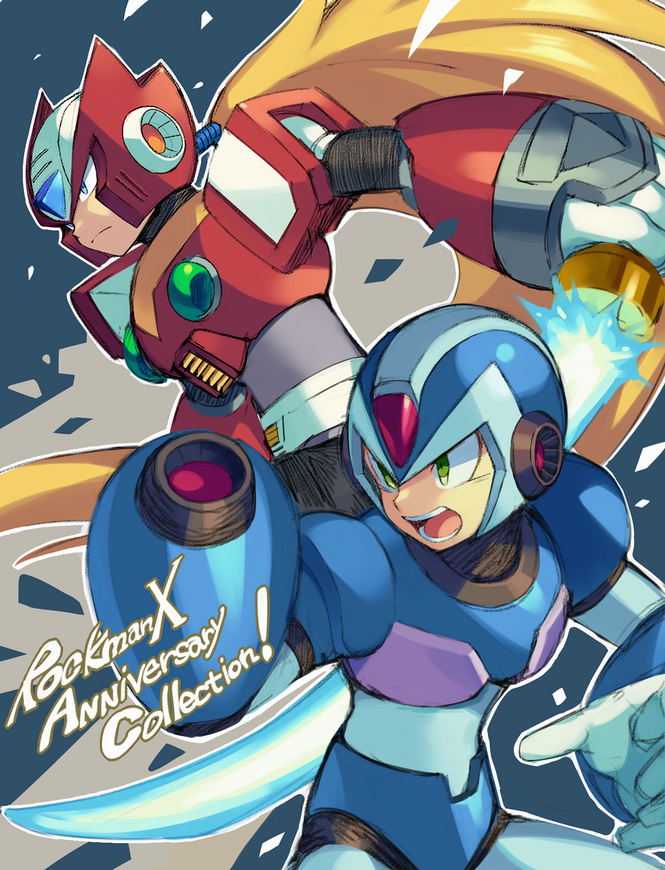 ! 2boys android arm_cannon beam_saber capcom closed_mouth commentary_request copyright_name energy_blade gloves green_eyes helmet holding iroyopon long_hair male_focus multiple_boys open_mouth ponytail power_armor rockman rockman_x serious teeth weapon white_gloves