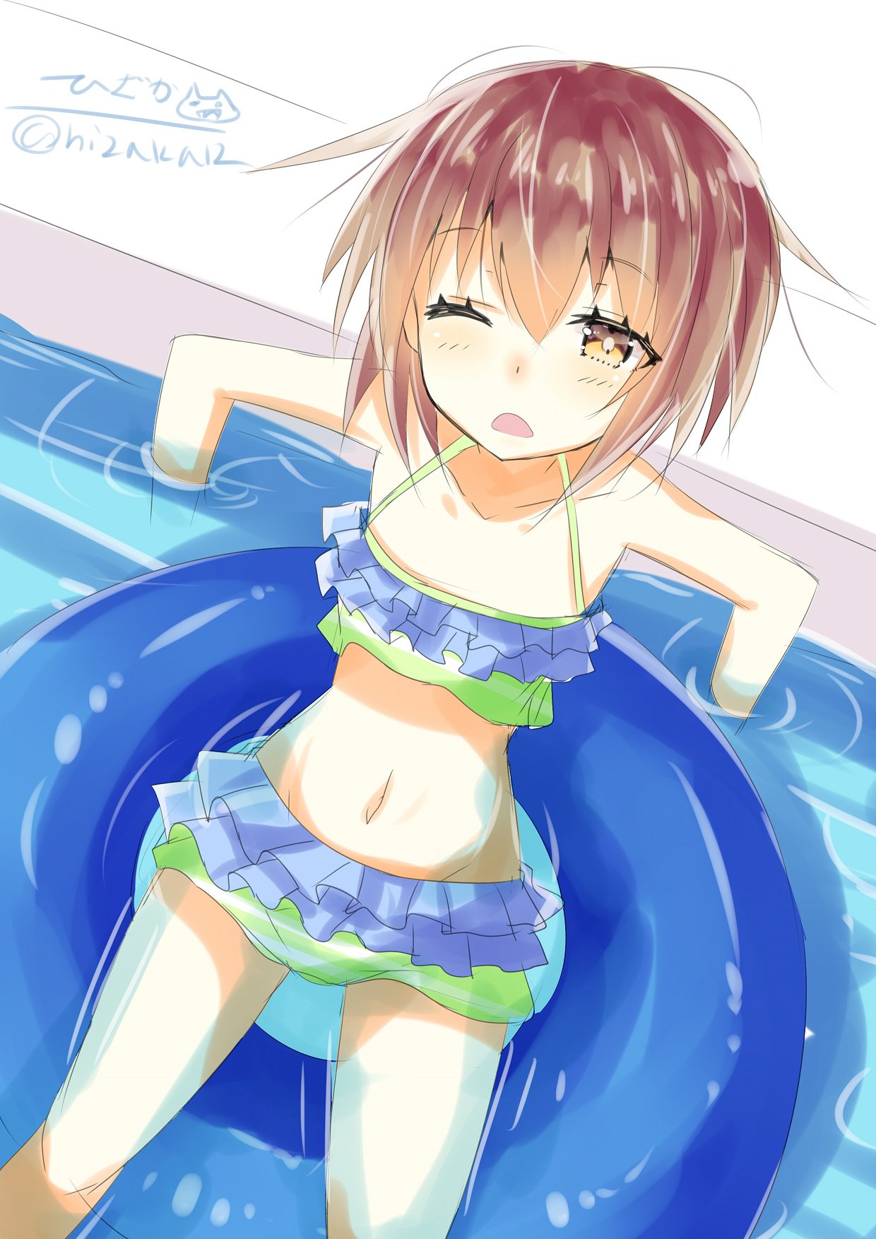 1girl bikini blush breasts brown_eyes brown_hair eyes hair_between_eyes highres hizaka kantai_collection looking_at_viewer one_eye_closed open_mouth pool short_hair small_breasts solo swimsuit twitter_username wakaba_(kantai_collection) water wet wet_clothes