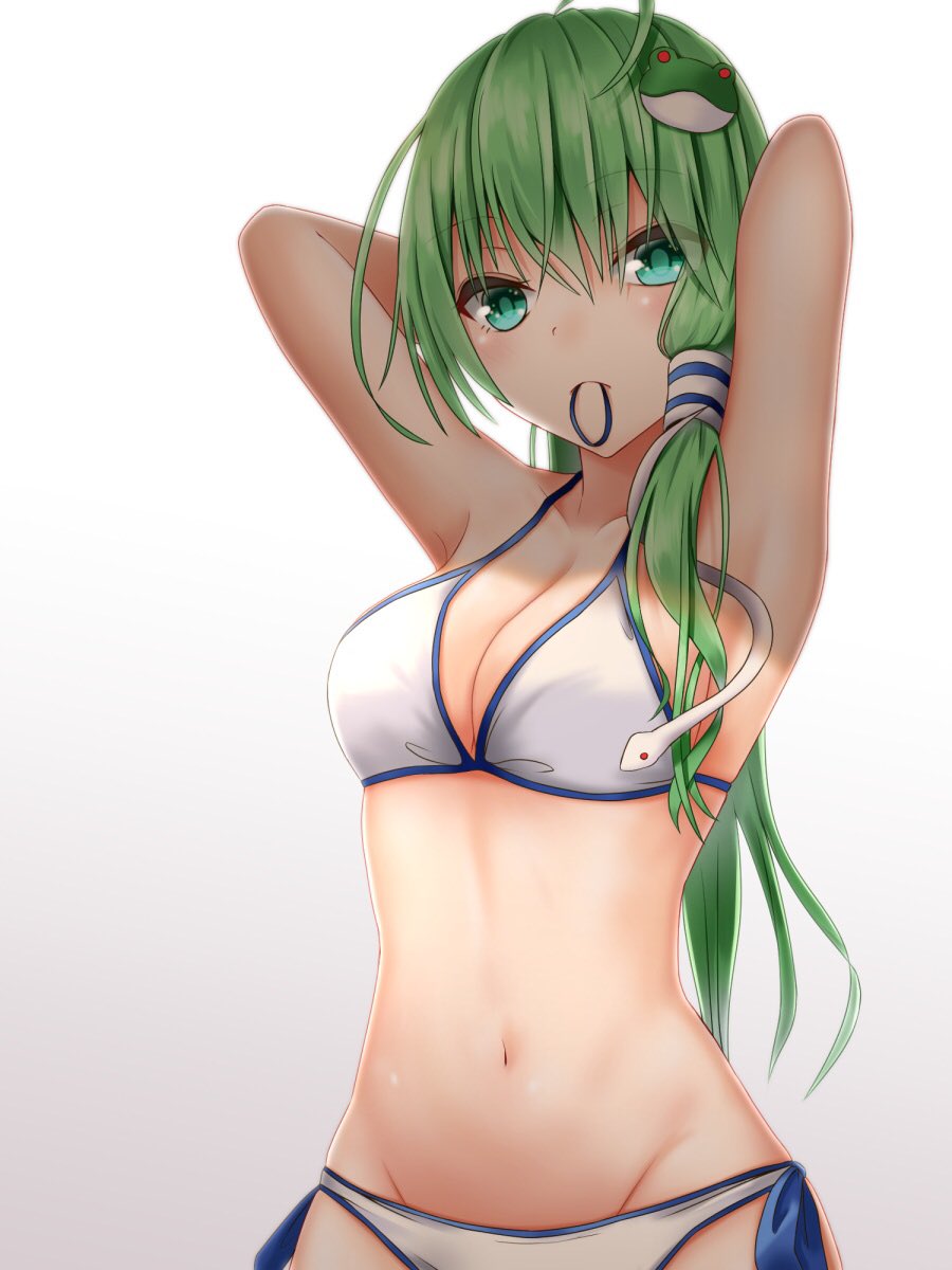 1girl ahoge armpits arms_up bare_arms bikini breasts collarbone commentary_request eyebrows_visible_through_hair eyes_visible_through_hair frog_hair_ornament gradient gradient_background green_eyes green_hair grey_background groin hair_between_eyes hair_ornament hair_tie hair_tubes highres kochiya_sanae long_hair looking_at_viewer medium_breasts mouth_hold navel santarou side-tie_bikini single_sidelock snake_hair_ornament solo standing stomach swimsuit touhou tying_hair upper_body white_background white_bikini