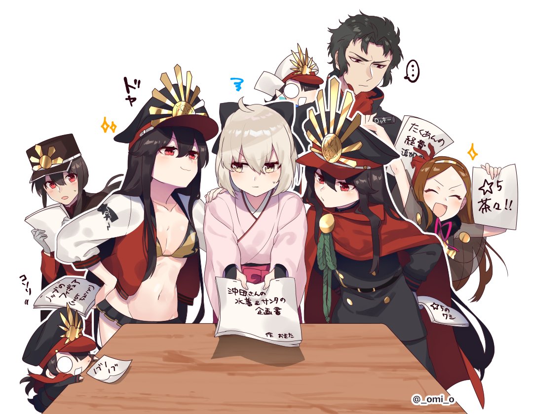 2boys 4girls bikini black_bikini black_hair blush breasts chacha_(fate/grand_order) fate/grand_order fate_(series) hakama hat hijikata_toshizou_(fate/grand_order) jacket japanese_clothes kimono koha-ace long_hair long_sleeves looking_at_viewer medium_breasts meiji_schoolgirl_uniform military military_hat military_uniform multiple_boys multiple_girls navel oda_nobukatsu_(fate/grand_order) oda_nobunaga_(fate) oda_nobunaga_(swimsuit_berserker)_(fate) oda_uri okita_souji_(fate) okita_souji_(fate)_(all) omi_(tyx77pb_r2) open_clothes open_jacket paper pink_hakama pink_kimono ponytail red_cloak red_eyes sweatdrop swimsuit uniform white_background