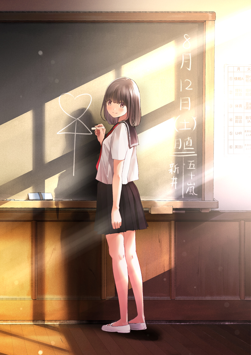 1girl ai_ai_gasa arm_at_side bangs black_sailor_collar black_skirt blush brown_eyes brown_hair chalk chalkboard chikuwa_(odennabe) classroom closed_mouth commentary_request day eyebrows_visible_through_hair hair_between_eyes holding indoors long_hair looking_at_viewer looking_back no_socks original pleated_skirt red_neckwear sailor_collar school_uniform serafuku shirt shoes short_sleeves skirt smile solo standing sunlight translated uwabaki white_footwear white_shirt