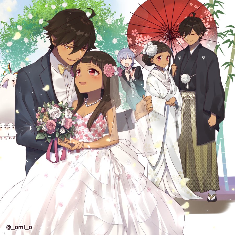 2boys 2girls blush bouquet bridal_veil brown_hair couple dark_skin dark_skinned_male dress fate/grand_order fate/prototype fate/prototype:_fragments_of_blue_and_silver fate_(series) flower hair_flower hair_ornament holding holding_bouquet holding_umbrella japanese_clothes jewelry kimono long_hair long_sleeves looking_at_another medjed moses_(fate/prototype_fragments) multiple_boys multiple_girls necklace nefertiti_(fate/prototype_fragments) nitocris_(fate/grand_order) nitocris_(swimsuit_assassin)_(fate) omi_(tyx77pb_r2) open_mouth outdoors ozymandias_(fate) pink_eyes pink_flower pink_rose red_umbrella rose smile uchikake umbrella veil wedding_dress white_flower white_kimono white_rose wide_sleeves yellow_eyes