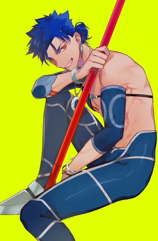 1boy blue_hair bracelet chest_strap closed_mouth crescent_necklace cu_chulainn_(fate)_(all) detached_sleeves earrings fate/stay_night fate_(series) from_side grin hair_bun holding holding_polearm holding_weapon jewelry knee_up kystktstura lancer long_hair looking_at_viewer male_focus muscular muscular_male necklace pants polearm red_eyes simple_background skin_tight smile solo spiky_hair weapon yellow_background