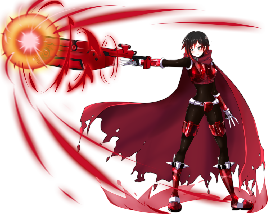 1girl alternate_costume armor armored_boots armored_dress avaloki black_hair bodystocking boots cape clawed_gauntlets cloak crescent_rose cross flower full_body gradient_hair grey_eyes gun hood hooded_cloak multicolored_hair petals red_armor red_cape redhead rose rose_petals ruby_rose rwby short_hair spandex two-tone_hair weapon