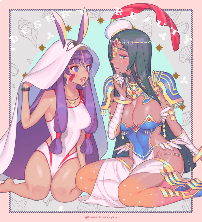 2girls animal_ears arm_wrap bangs bed_sheet black_hair blanket blue_eyes blunt_bangs blush bracelet breasts cleavage collarbone competition_swimsuit cosplay covered_navel dark_skin earrings egyptian eyebrows_visible_through_hair facepaint facial_mark fate/grand_order fate_(series) forehead_jewel hat hoop_earrings jackal_ears jewelry large_breasts long_hair looking_at_another low-tied_long_hair medium_breasts medjed medjed_(cosplay) multiple_girls necklace nitocris_(fate/grand_order) nitocris_(swimsuit_assassin)_(fate) one-piece_swimsuit open_mouth pauldrons pelvic_curtain pink_lips purple_hair sara_(kurome1127) scheherazade_(fate/grand_order) sitting swimsuit thighs thumb_ring very_long_hair violet_eyes wariza white_hat white_swimsuit