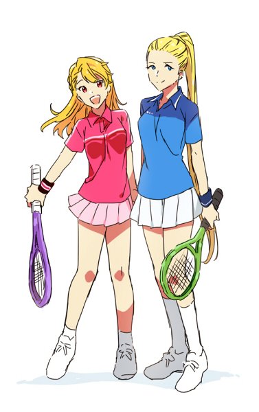 2girls blonde_hair blue_shirt catgirl0926 full_body genderswap genderswap_(mtf) idolmaster idolmaster_side-m ijuuin_hokuto looking_at_viewer maita_rui multiple_girls pink_shirt polo_shirt racket shirt shoes simple_background skirt smile sneakers socks tennis_racket white_background white_footwear white_legwear white_skirt