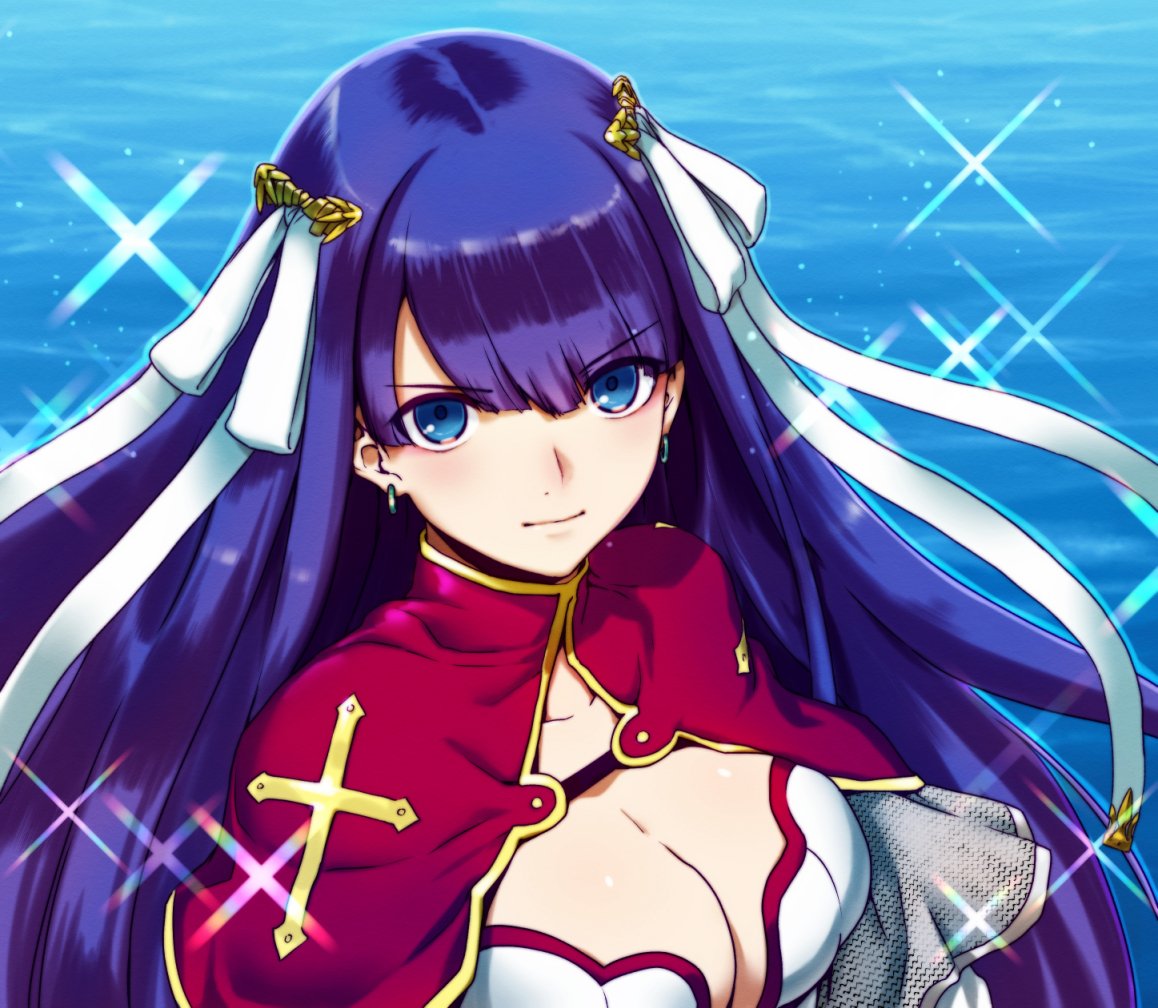 1girl aoba_(smartbeat) bangs blue_eyes blunt_bangs breasts capelet cleavage collarbone day earrings fate/grand_order fate_(series) hair_ribbon jewelry large_breasts long_hair looking_at_viewer ocean outdoors purple_hair red_capelet ribbon saint_martha white_ribbon