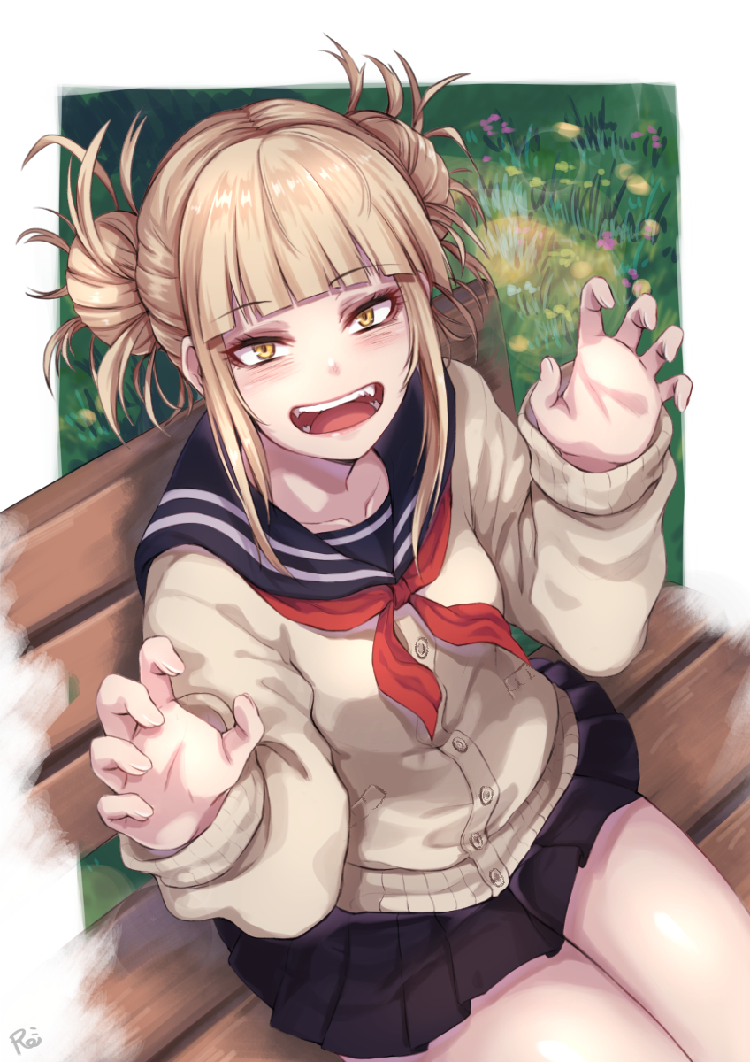 1girl bangs bench blonde_hair blunt_bangs boku_no_hero_academia double_bun eyebrows_visible_through_hair fangs grass hair_bun highres long_sleeves looking_at_viewer open_mouth outdoors paw_pose pleated_skirt re_(re_09) school_uniform serafuku sitting skirt solo teeth toga_himiko yellow_eyes