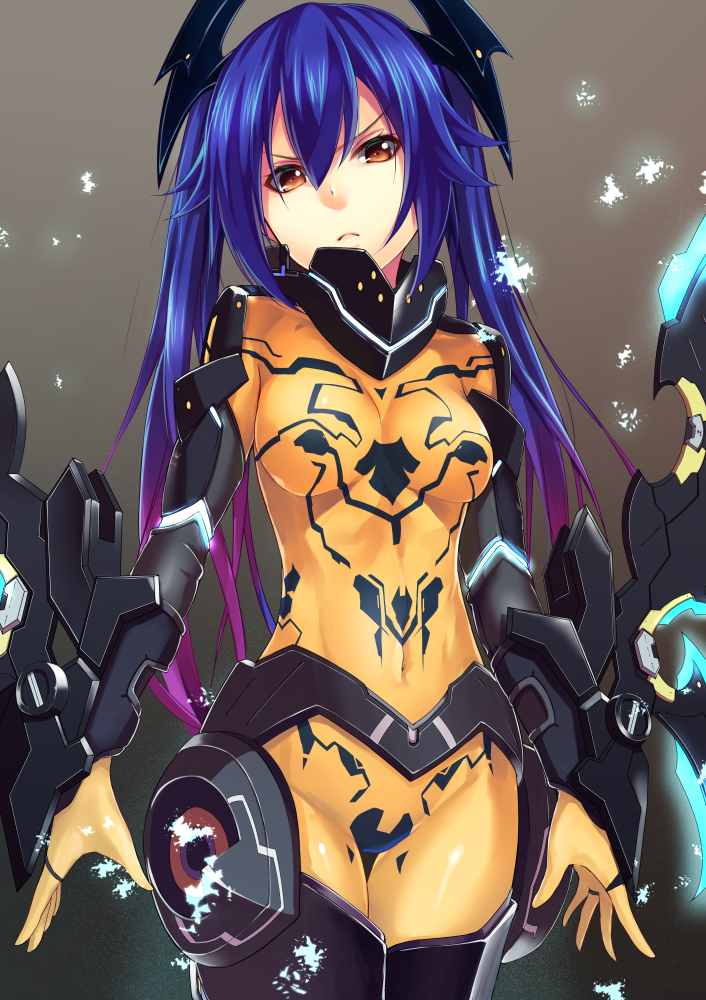 1girl blue_hair bodysuit breasts covered_navel cowboy_shot gradient_hair grey_background hair_between_eyes long_hair looking_at_viewer medium_breasts multicolored_hair orange_eyes phantasy_star phantasy_star_online_2 purple_hair shimozuki_shio simple_background solo standing twintails two-tone_hair yellow_bodysuit zelsius