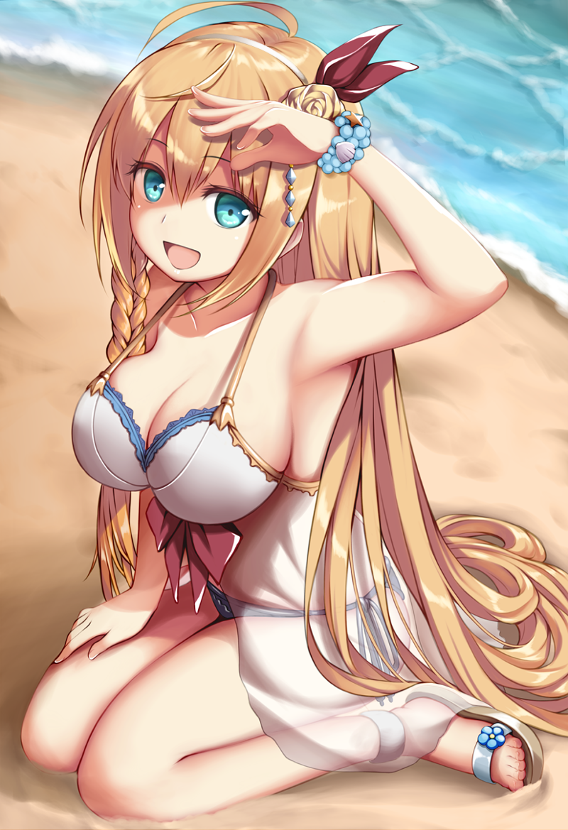 1girl ahoge aqua_eyes babydoll bare_shoulders beach big_wednesday blonde_hair blush braid breasts cleavage commentary_request day eyebrows_visible_through_hair flower from_side hair_flower hair_ornament hairband large_breasts long_hair looking_at_viewer midriff open_mouth pecorine princess_connect! princess_connect!_re:dive ribbon rose sand sandals single_braid sitting solo swimsuit tiara toes water white_swimsuit yellow_flower yellow_rose