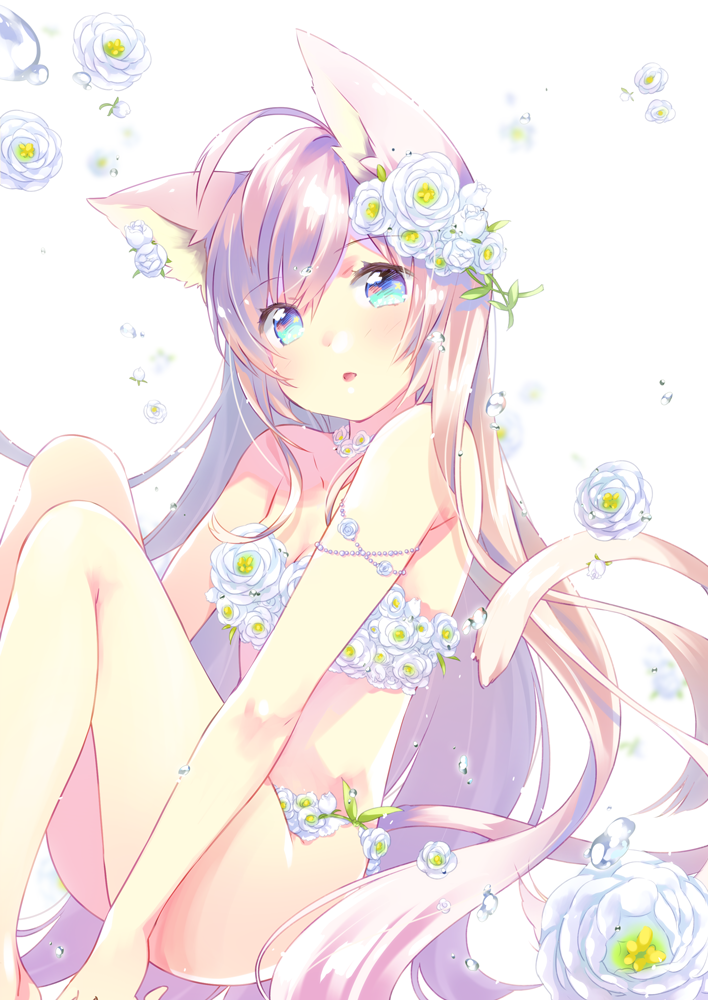 1girl ahoge animal_ears bangs bare_legs bare_shoulders barefoot blue_eyes blurry blurry_background blush breasts brown_hair cat_ears cat_girl cat_tail collarbone commentary_request depth_of_field ech eyebrows_visible_through_hair feet_out_of_frame flower flower_clothes hair_between_eyes hair_flower hair_ornament head_tilt long_hair original parted_lips rose sitting small_breasts solo tail tail_raised very_long_hair white_background white_flower white_rose