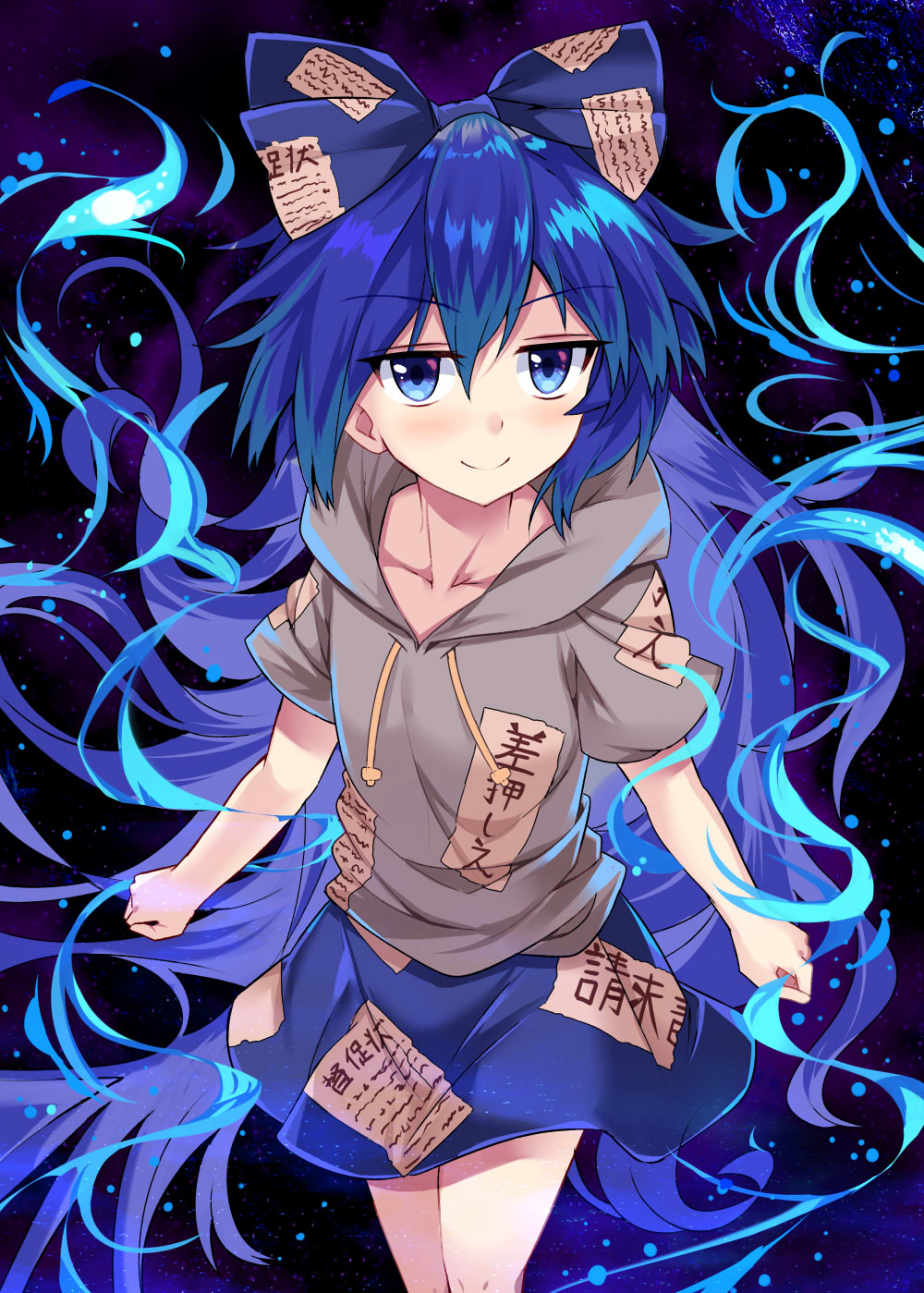 1girl aura blue_bow blue_eyes blue_hair blue_skirt blush bow collarbone commentary_request debt drawstring e.o. eyebrows_visible_through_hair feet_out_of_frame grey_hoodie hair_between_eyes hair_bow highres hood hoodie light_particles long_hair looking_at_viewer miniskirt short_sleeves skirt sky smile solo star_(sky) starry_sky thighs touhou very_long_hair yorigami_shion