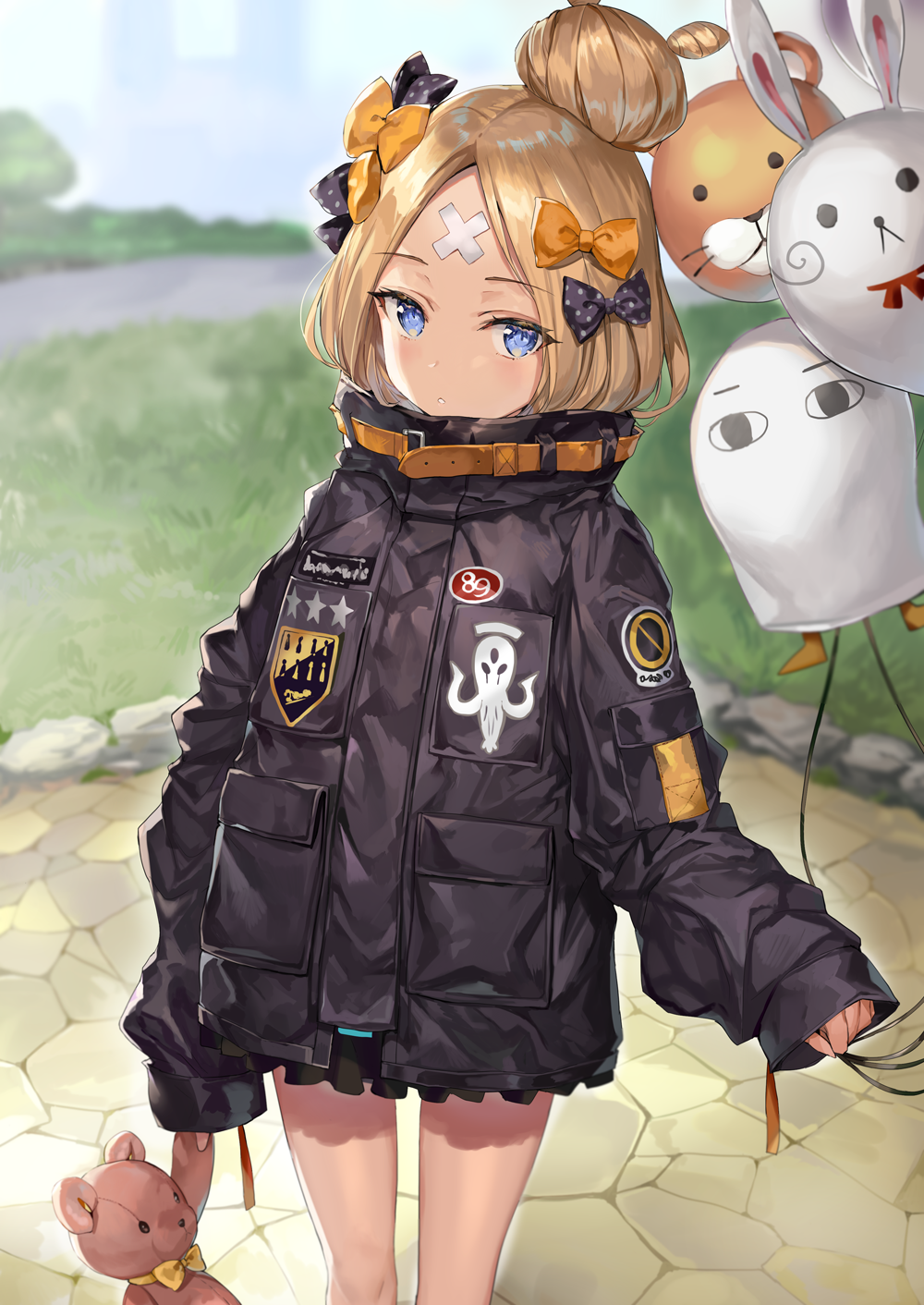 1girl abigail_williams_(fate/grand_order) alternate_hairstyle balloon bandaid_on_forehead bangs belt black_bow black_jacket blonde_hair blue_eyes blush bow commentary_request fate/grand_order fate_(series) forehead fou_(fate/grand_order) hair_bow hair_bun high_collar highres holding holding_stuffed_animal jacket legs loafers long_hair looking_at_viewer looking_up medjed momoko_(momopoco) nitocris_(fate/grand_order) nitocris_(swimsuit_assassin)_(fate) open_mouth orange_bow parted_bangs polka_dot polka_dot_bow shoes sleeves_past_fingers sleeves_past_wrists solo stuffed_animal stuffed_toy teddy_bear thighs