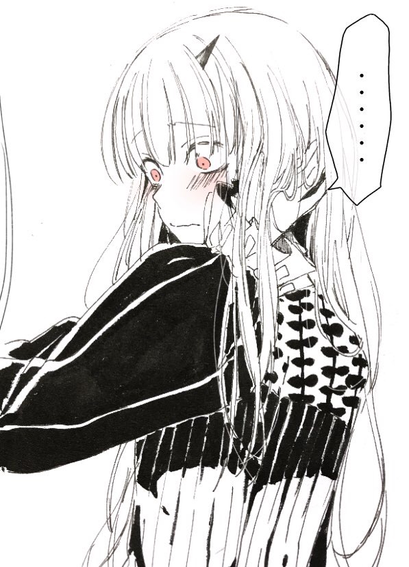 ... 2girls abigail_williams_(fate/grand_order) bangs blush closed_mouth dress eyebrows_visible_through_hair fate/grand_order fate_(series) hair_between_eyes hand_in_another's_hair horn lavinia_whateley_(fate/grand_order) long_hair long_sleeves looking_away monochrome multiple_girls out_of_frame red_eyes sofra solo_focus spoken_ellipsis traditional_media very_long_hair wavy_mouth
