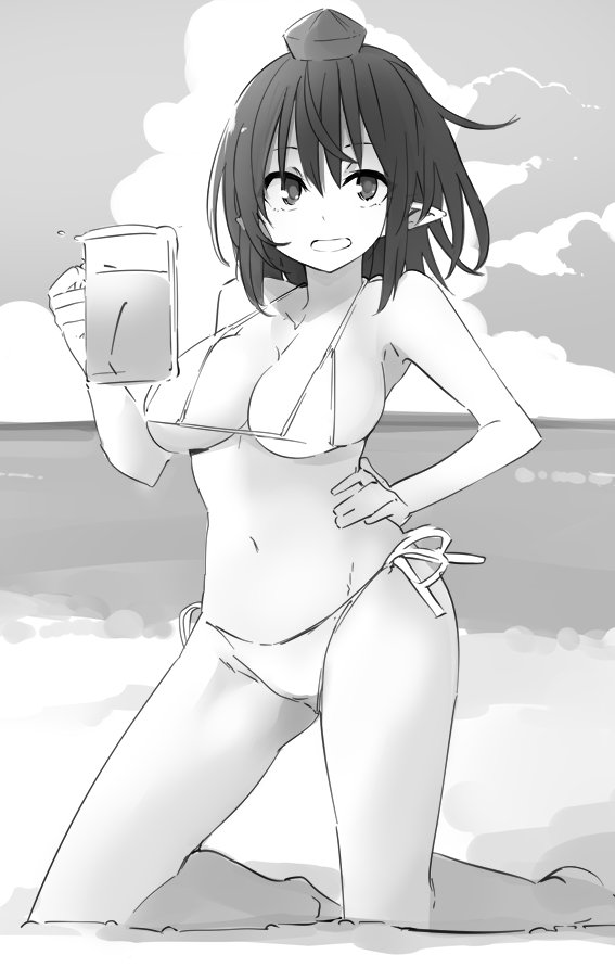 1girl bare_arms bare_legs bare_shoulders barefoot beach bikini breasts clouds commentary_request cup greyscale groin hair_between_eyes halterneck hand_on_hip hand_up hat holding holding_cup kamukamu_(ars) kneeling large_breasts looking_at_viewer monochrome mug navel open_mouth outdoors pointy_ears sand shameimaru_aya short_hair side-tie_bikini sketch smile solo stomach swimsuit thighs tokin_hat touhou water