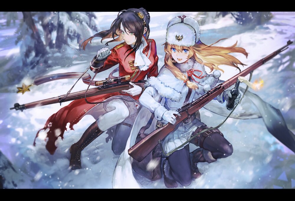 2girls bag bangs black_hair black_legwear blonde_hair blue_eyes bolt_action boots braid brown_footwear brown_hair capelet chibi_(shimon) coat commentary_request day fur-trimmed_boots fur-trimmed_capelet fur_hat fur_trim girls_frontline gloves green_eyes gun hair_between_eyes hat holding holding_gun holding_weapon knee_boots lee-enfield lee-enfield_(girls_frontline) long_hair long_sleeves mosin-nagant mosin-nagant_(girls_frontline) multicolored_hair multiple_girls object_namesake one_knee outdoors pants pantyhose pleated_skirt red_coat rifle shawl shirt shoulder_bag skirt snow squatting star two-tone_hair ushanka weapon white_capelet white_gloves white_hat white_pants white_shirt white_skirt