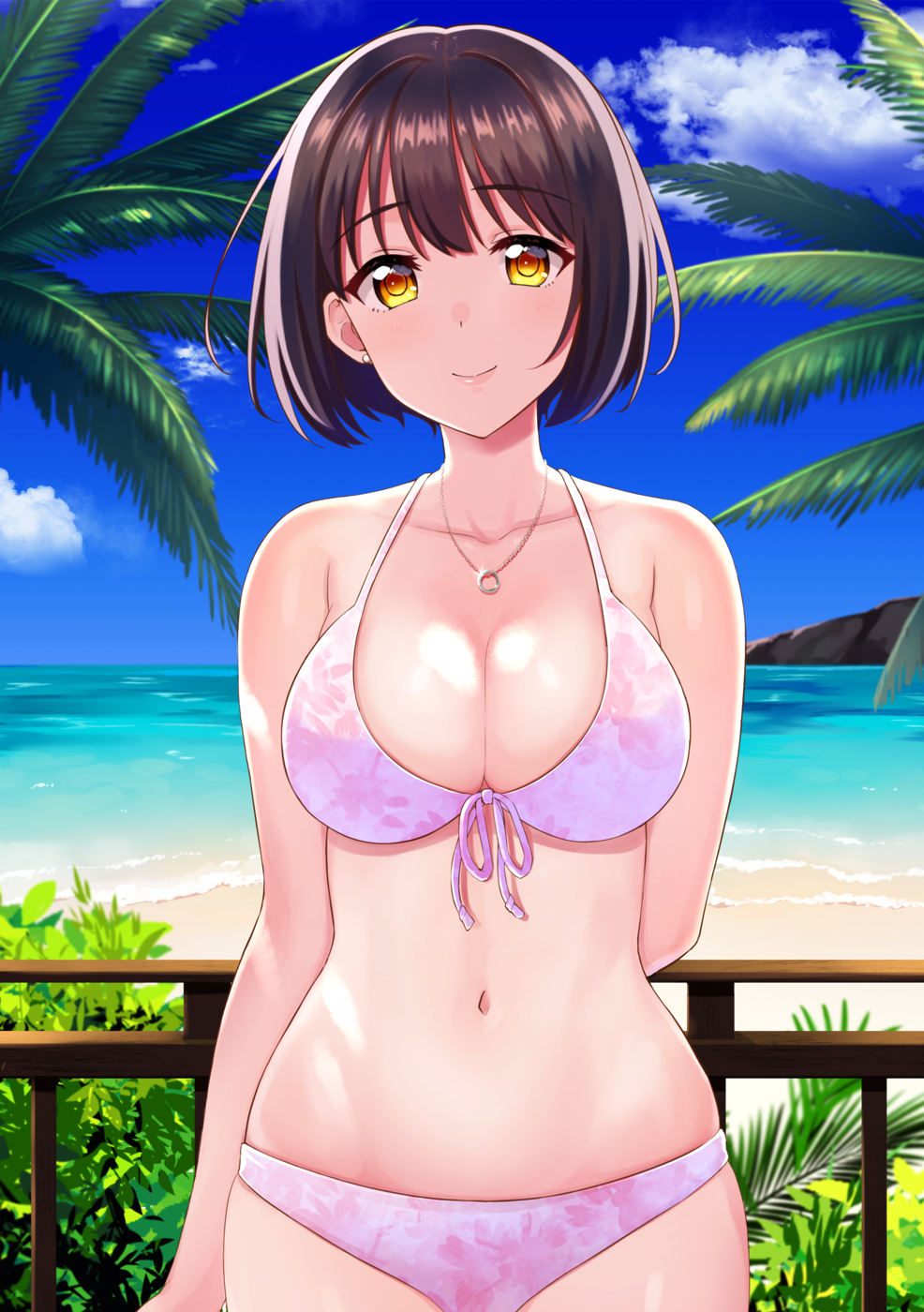 1girl arm_behind_back beach bikini black_hair blue_sky blush breasts cleavage closed_mouth clouds collarbone commentary_request cowboy_shot fence highres idolmaster idolmaster_cinderella_girls jewelry looking_at_viewer medium_breasts midriff navel necklace ocean outdoors palm_tree pink_bikini short_hair sky smile solo swimsuit takafuji_kako thighs tokita_arumi tree yellow_eyes