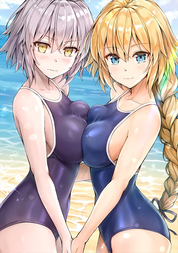 2girls ahoge bangs beach blonde_hair blue_eyes blush braid breast_press breasts cleavage clouds cloudy_sky collarbone commentary_request cowboy_shot eyebrows_visible_through_hair fate/apocrypha fate/grand_order fate_(series) hair_ribbon hand_holding jeanne_d'arc_(alter)_(fate) jeanne_d'arc_(fate) jeanne_d'arc_(fate)_(all) kotatsu_(kotatsu358) large_breasts long_hair multiple_girls ocean one-piece_swimsuit ribbon sideboob silver_hair sky swimsuit yellow_eyes