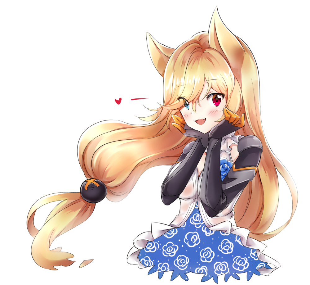 1girl :d animal_ears babydoll bangs black_gloves blonde_hair blue_eyes blue_flower blue_rose blush cat_ears commentary elbow_gloves eyebrows_visible_through_hair eyes_visible_through_hair fang floral_print flower g41_(girls_frontline) girls_frontline gloves hair_between_eyes hair_over_one_eye hands_on_own_face heterochromia long_hair looking_at_viewer low-tied_long_hair melynx_(user_aot2846) open_mouth red_eyes rose rose_print simple_background smile solo very_long_hair white_babydoll white_background